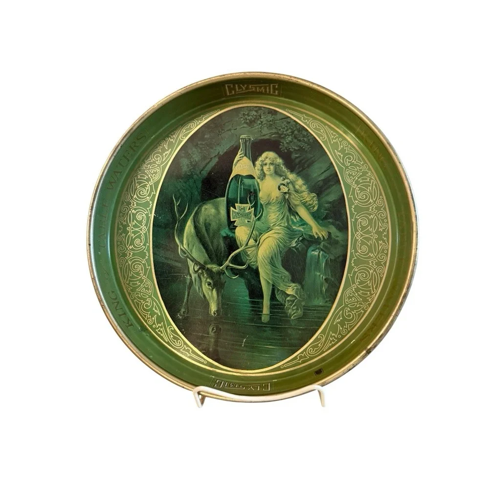 VTG Clysmic King Of Table Waters Tin Advertising Tray Nymph & Stag Green 14